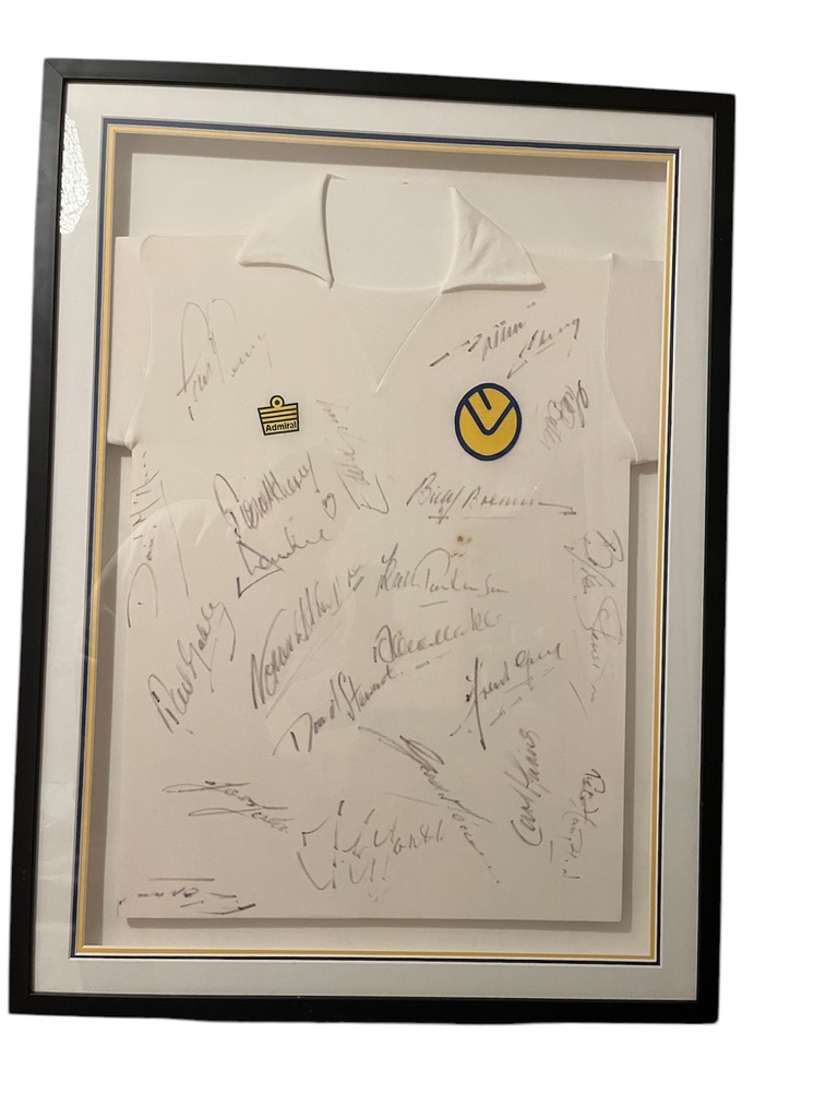Leeds United 1975/76 Admiral home shirt signed by Leeds squad 